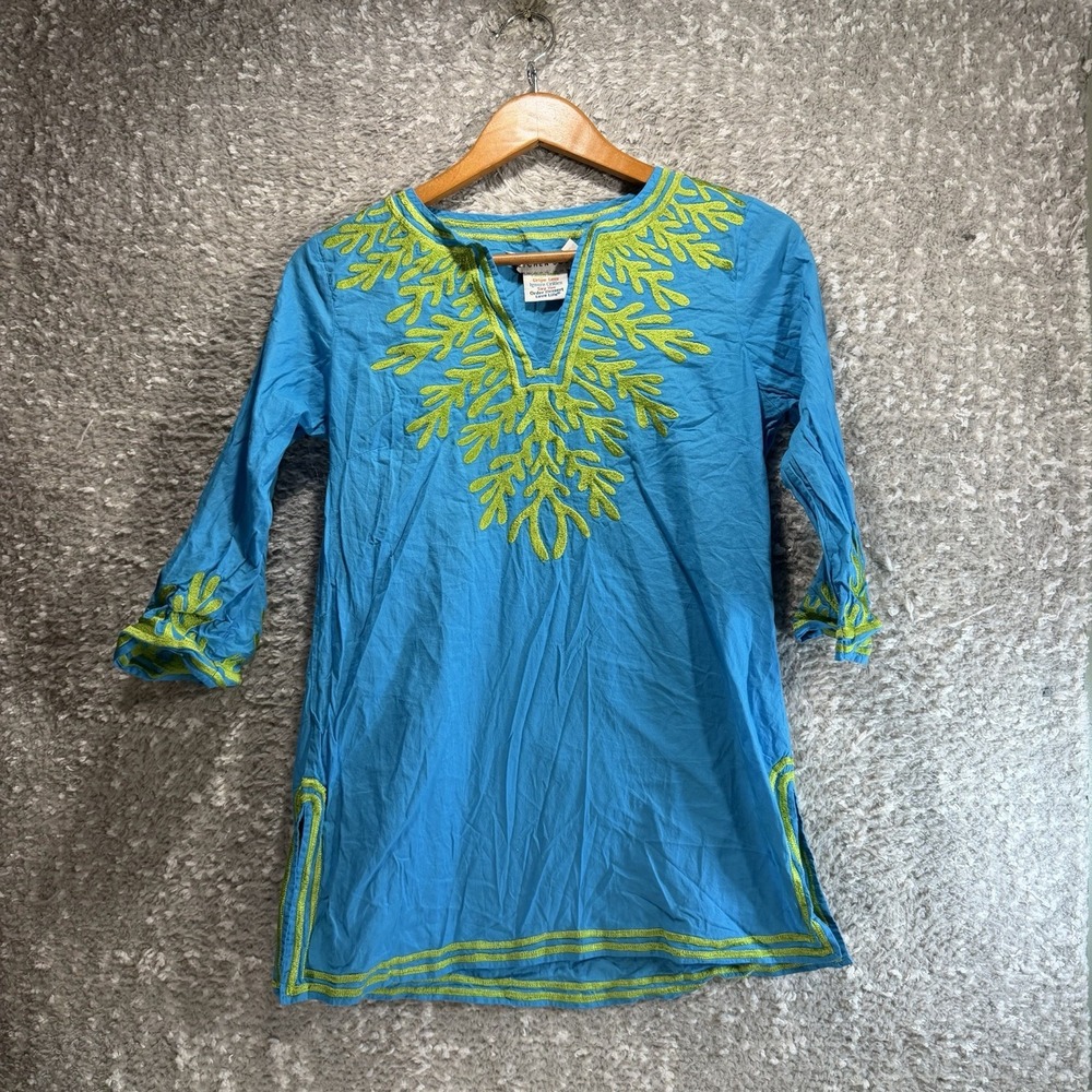 Gretchen Scott Cotton Embroidered Tunic 3/4 Sleeve S Beach Resort Boho Blue